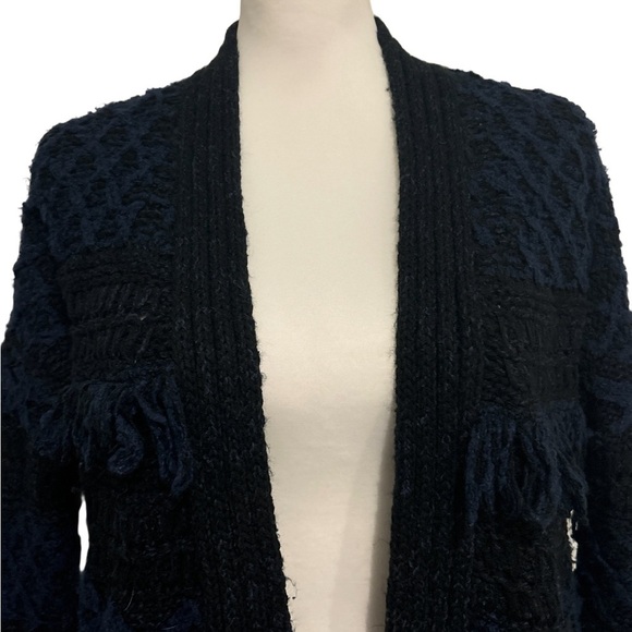 Lucky Brand Chunky Stevie Boho Fringe Navy Blue  Black Long Knit Cardigan XS - Picture 4 of 8